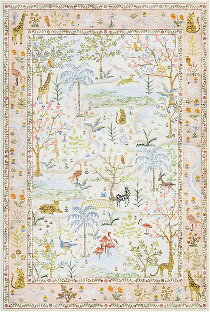 4x6 Whimsical Safari Nursery Area Rug Washable Non Slip Small Living Room Rugs Low Pile Animal Print Girs Bedroom Blush Throw Carpet Forest Fairy Tale Area Rugs for Entry Kids Room, Peach Blush