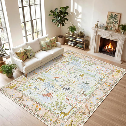 4x6 Whimsical Safari Nursery Area Rug Washable Non Slip Small Living Room Rugs Low Pile Animal Print Girs Bedroom Blush Throw Carpet Forest Fairy Tale Area Rugs for Entry Kids Room, Peach Blush