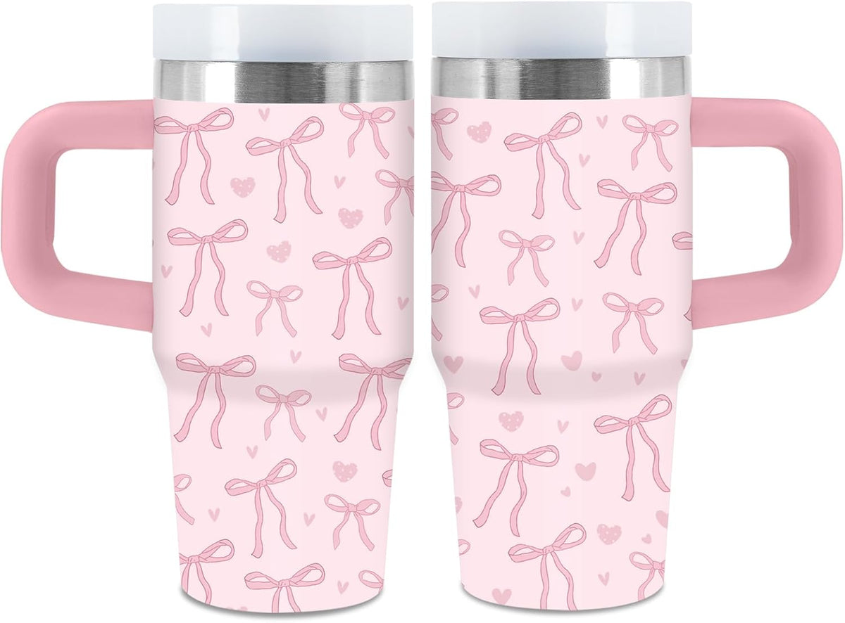 14oz Pink Bow Tumbler with Handle, Lid & Straw, Pink Bow Gift for Women