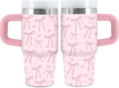 14oz Pink Bow Tumbler with Handle, Lid & Straw, Pink Bow Gift for Women