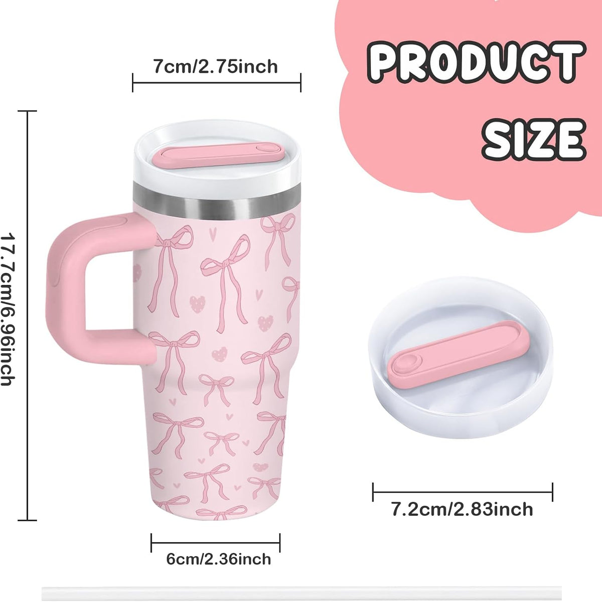 14oz Pink Bow Tumbler with Handle, Lid & Straw, Pink Bow Gift for Women