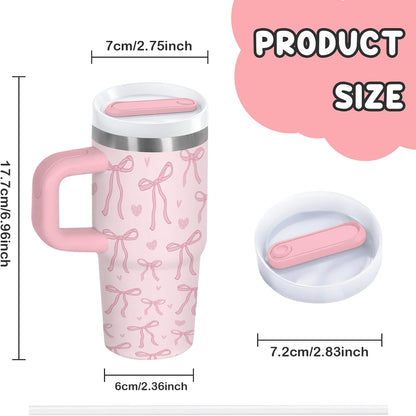 14oz Pink Bow Tumbler with Handle, Lid & Straw, Pink Bow Gift for Women