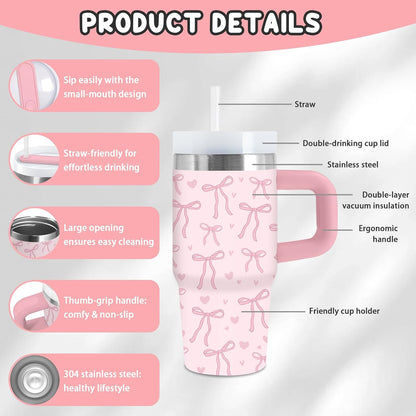 14oz Pink Bow Tumbler with Handle, Lid & Straw, Pink Bow Gift for Women