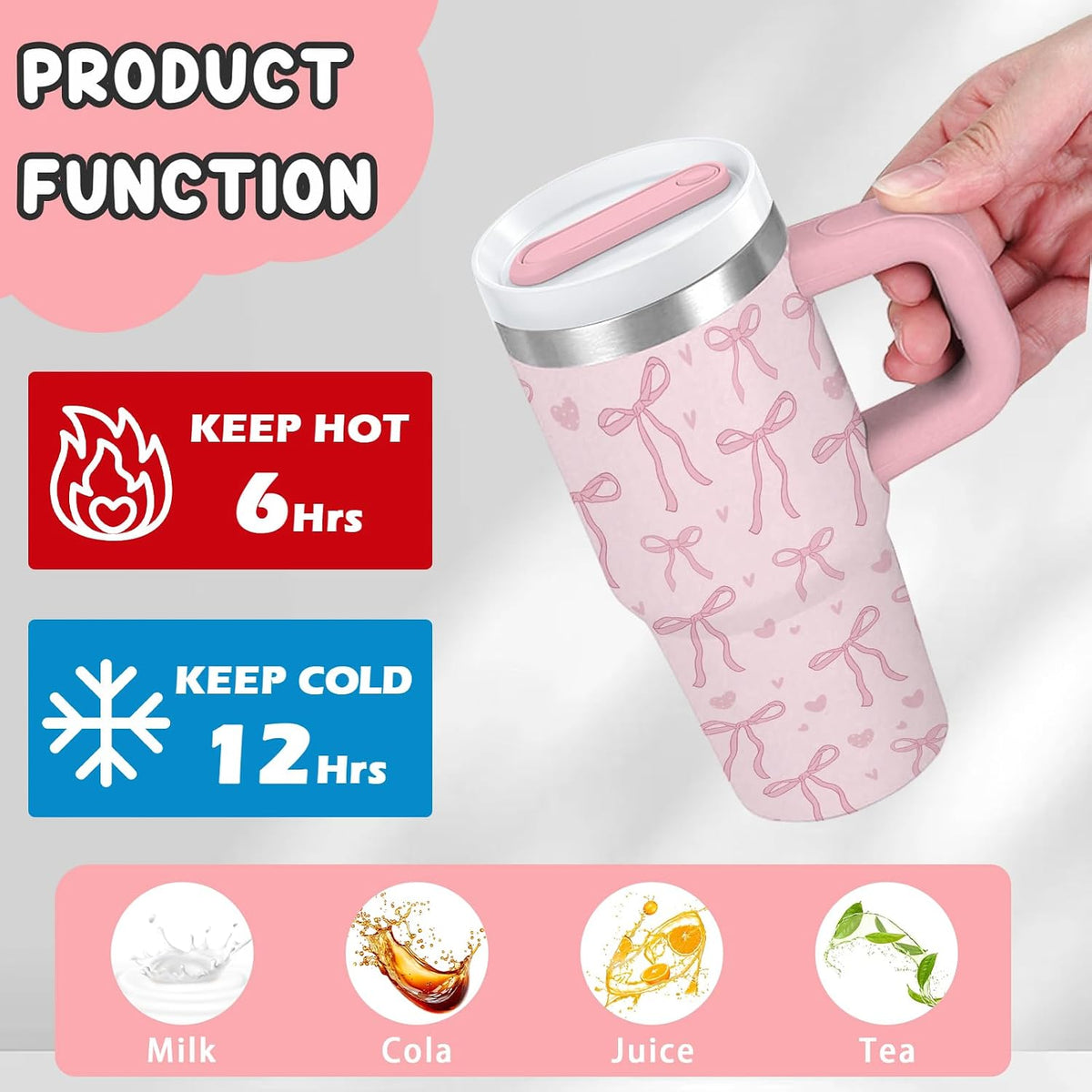 14oz Pink Bow Tumbler with Handle, Lid & Straw, Pink Bow Gift for Women