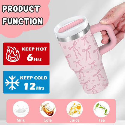 14oz Pink Bow Tumbler with Handle, Lid & Straw, Pink Bow Gift for Women