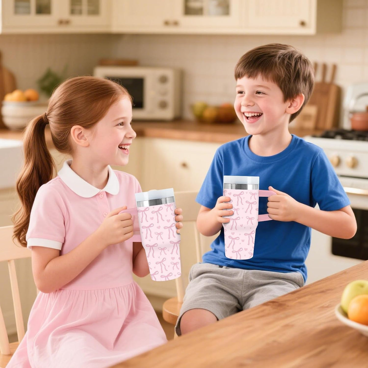 14oz Pink Bow Tumbler with Handle, Lid & Straw, Pink Bow Gift for Women