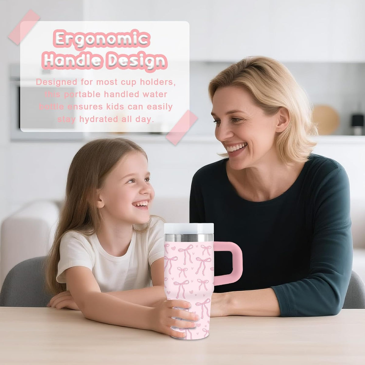 14oz Pink Bow Tumbler with Handle, Lid & Straw, Pink Bow Gift for Women