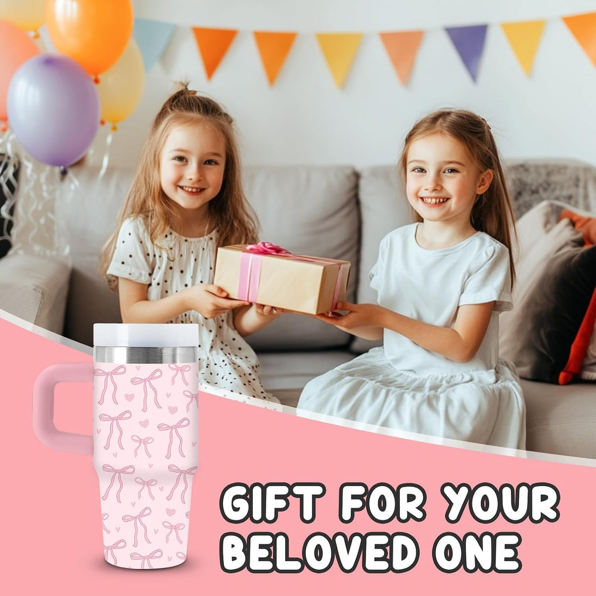 14oz Pink Bow Tumbler with Handle, Lid & Straw, Pink Bow Gift for Women