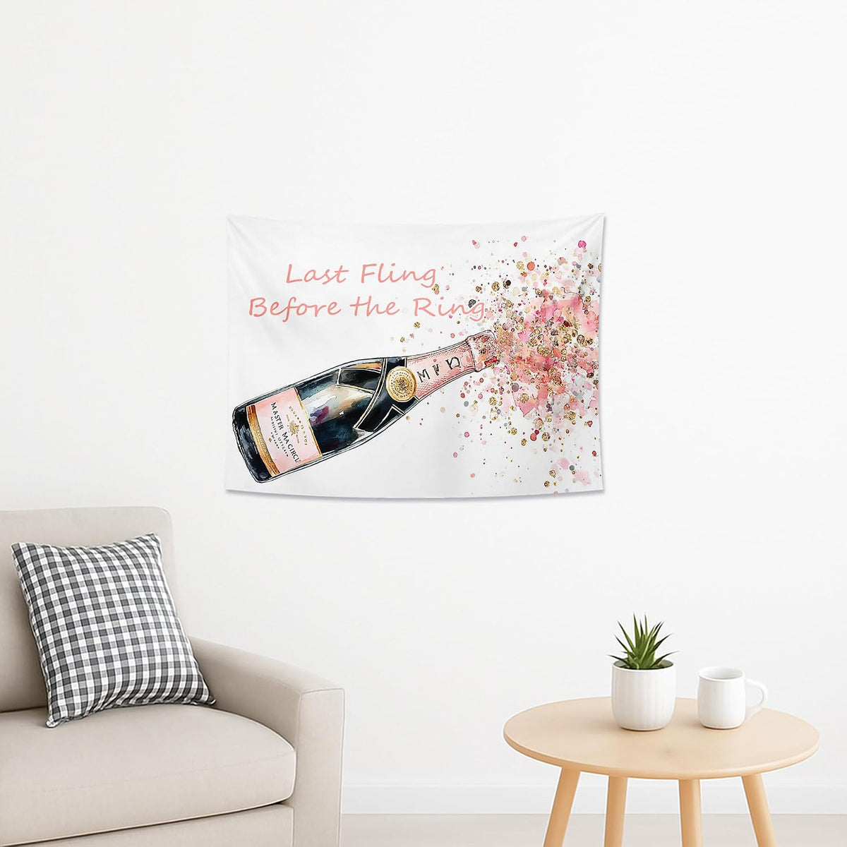 Sparkling Wine Floral Tapestry, Peach Confetti Wall Hanging for Bachelorette Party, Chic Decorative Room Décor, Fun Bedroom & Living Room Aesthetic 40x30 Inch