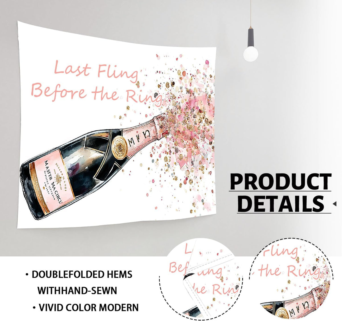 Sparkling Wine Floral Tapestry, Peach Confetti Wall Hanging for Bachelorette Party, Chic Decorative Room Décor, Fun Bedroom & Living Room Aesthetic 40x30 Inch