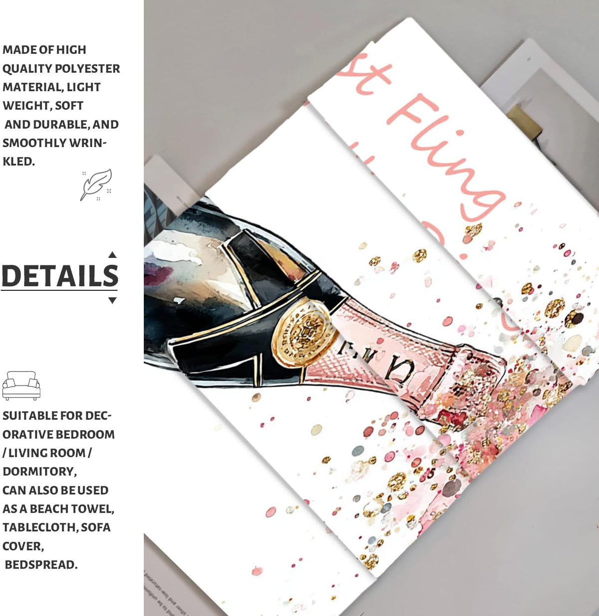 Sparkling Wine Floral Tapestry, Peach Confetti Wall Hanging for Bachelorette Party, Chic Decorative Room Décor, Fun Bedroom & Living Room Aesthetic 40x30 Inch