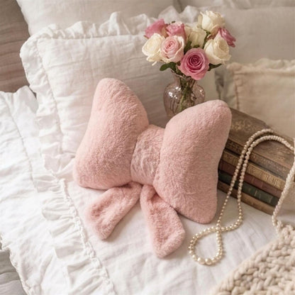 Pink Bow Pillow - Aesthetic Coquette Bowknot Decorative Pillow for Bedroom, Cute Velvet Ribbon Knot Cushion for Girls Room Decor, Large 16x13in Soft Plush Throw Pillow for Bed or Sofa