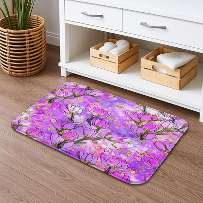 Spring Botanical Quick Dry Bath Mat, Elegant Peach Floral Patterned Absorbent Non-Slip Shower Mat, Memory Foam Washable Bath Rugs for Home Decor 20x32 Inch