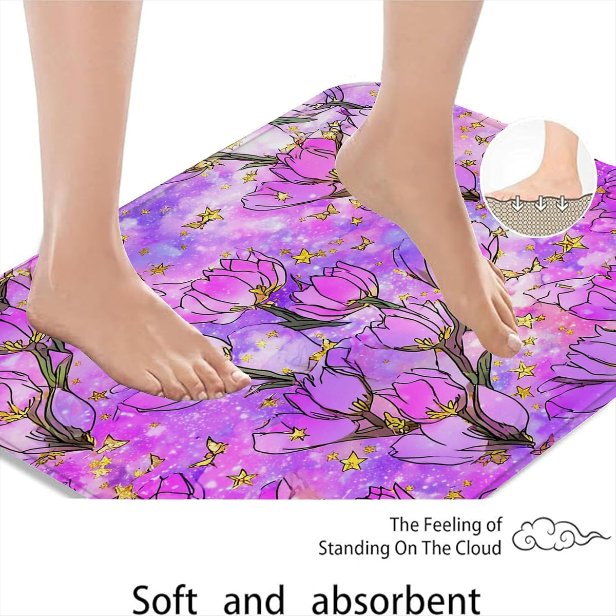 Spring Botanical Quick Dry Bath Mat, Elegant Peach Floral Patterned Absorbent Non-Slip Shower Mat, Memory Foam Washable Bath Rugs for Home Decor 20x32 Inch