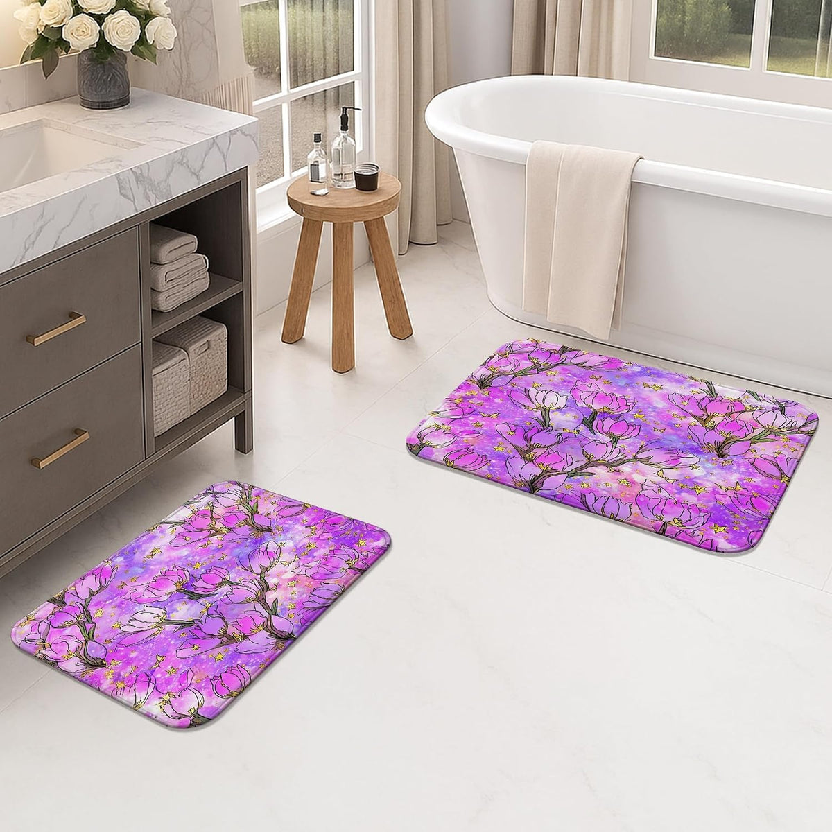 Spring Botanical Quick Dry Bath Mat, Elegant Peach Floral Patterned Absorbent Non-Slip Shower Mat, Memory Foam Washable Bath Rugs for Home Decor 20x32 Inch