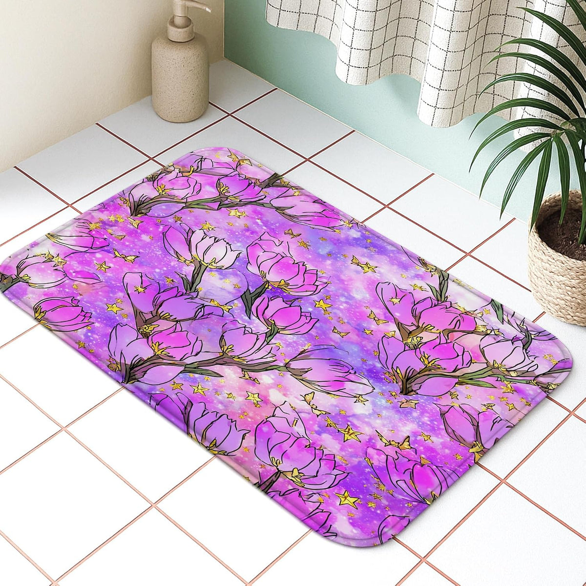Spring Botanical Quick Dry Bath Mat, Elegant Peach Floral Patterned Absorbent Non-Slip Shower Mat, Memory Foam Washable Bath Rugs for Home Decor 20x32 Inch
