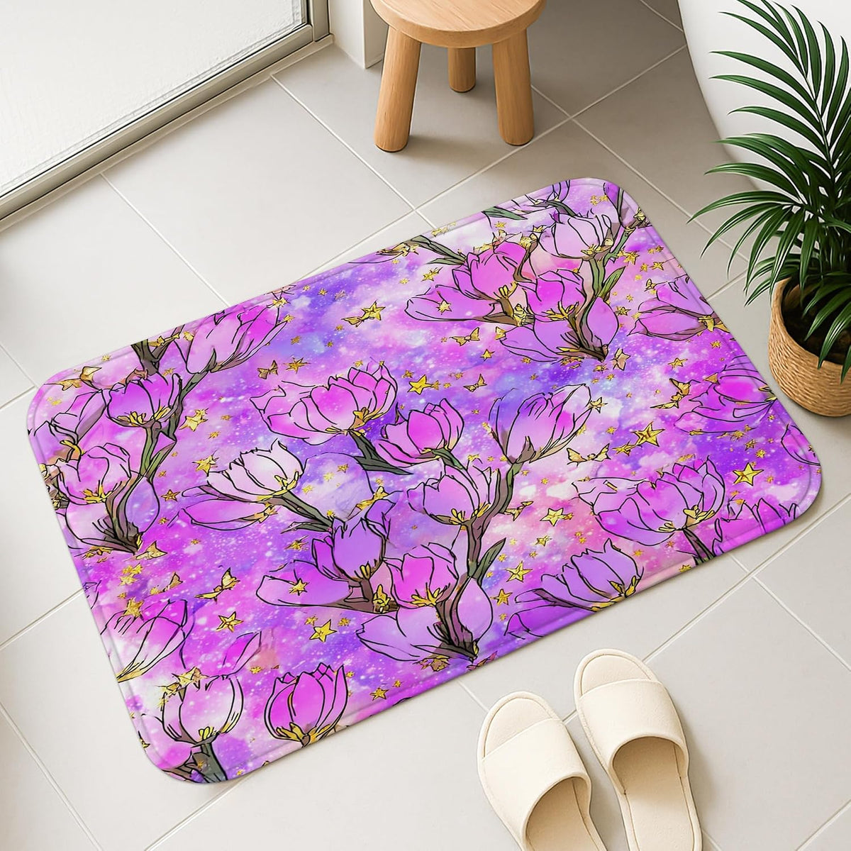 Spring Botanical Quick Dry Bath Mat, Elegant Peach Floral Patterned Absorbent Non-Slip Shower Mat, Memory Foam Washable Bath Rugs for Home Decor 20x32 Inch