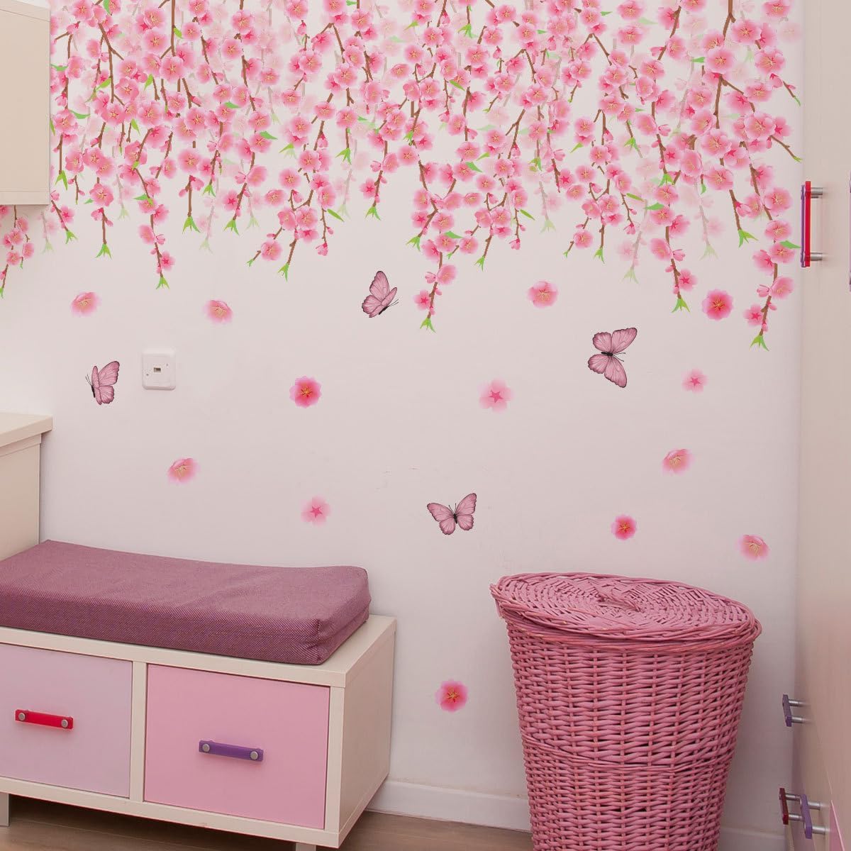 Hanging Pink Vine Wall Decals, Pink Cherry Blossom Art Decor with Birds and Butterflies Stickers,Peel and Stick Waterproof Vinyl Sticker, Living Room Bedroom Sofa