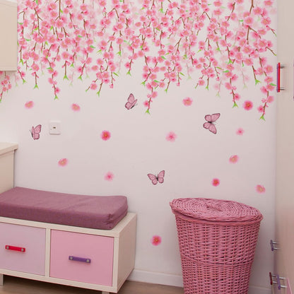 Hanging Pink Vine Wall Decals, Pink Cherry Blossom Art Decor with Birds and Butterflies Stickers,Peel and Stick Waterproof Vinyl Sticker, Living Room Bedroom Sofa