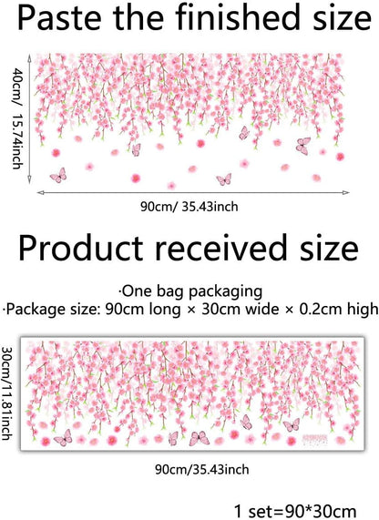 Hanging Pink Vine Wall Decals, Pink Cherry Blossom Art Decor with Birds and Butterflies Stickers,Peel and Stick Waterproof Vinyl Sticker, Living Room Bedroom Sofa