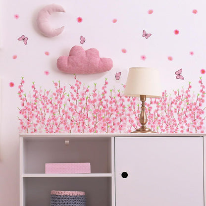 Hanging Pink Vine Wall Decals, Pink Cherry Blossom Art Decor with Birds and Butterflies Stickers,Peel and Stick Waterproof Vinyl Sticker, Living Room Bedroom Sofa