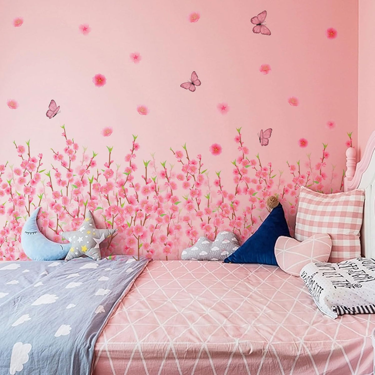 Hanging Pink Vine Wall Decals, Pink Cherry Blossom Art Decor with Birds and Butterflies Stickers,Peel and Stick Waterproof Vinyl Sticker, Living Room Bedroom Sofa