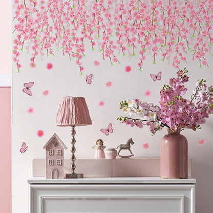 Hanging Pink Vine Wall Decals, Pink Cherry Blossom Art Decor with Birds and Butterflies Stickers,Peel and Stick Waterproof Vinyl Sticker, Living Room Bedroom Sofa