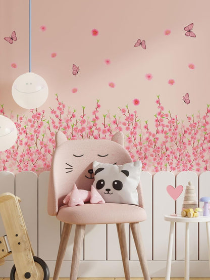 Hanging Pink Vine Wall Decals, Pink Cherry Blossom Art Decor with Birds and Butterflies Stickers,Peel and Stick Waterproof Vinyl Sticker, Living Room Bedroom Sofa