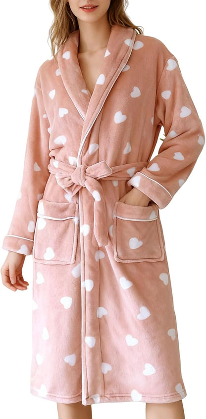 Womens Flannel Robe Cute Heart Print Shawl Collar Sleepwear Fleece Belt Kimono Soft Bathrobe with Pockets