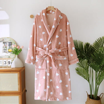 Womens Flannel Robe Cute Heart Print Shawl Collar Sleepwear Fleece Belt Kimono Soft Bathrobe with Pockets