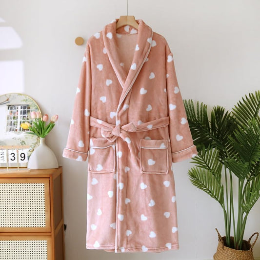 Womens Flannel Robe Cute Heart Print Shawl Collar Sleepwear Fleece Belt Kimono Soft Bathrobe with Pockets