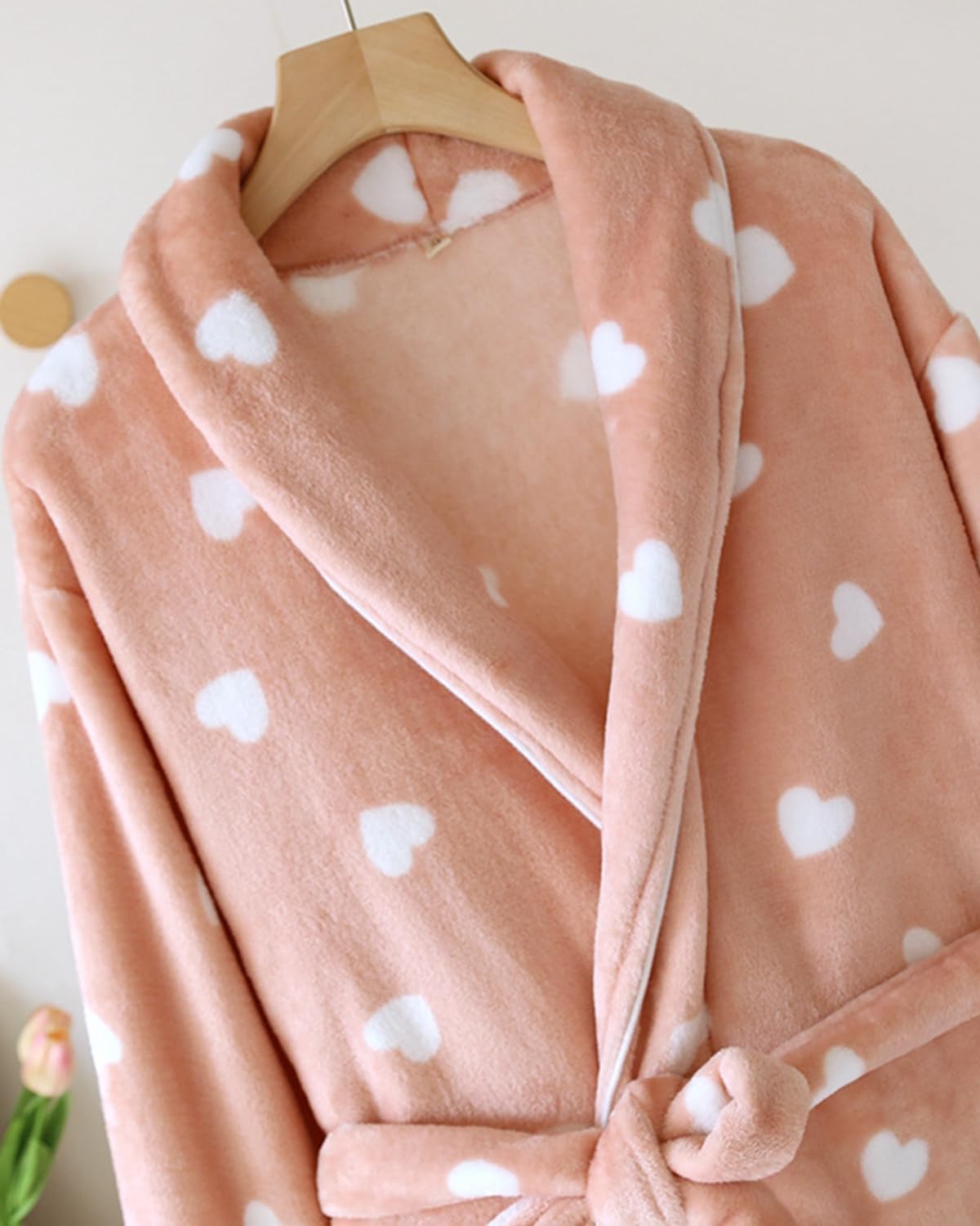 Womens Flannel Robe Cute Heart Print Shawl Collar Sleepwear Fleece Belt Kimono Soft Bathrobe with Pockets