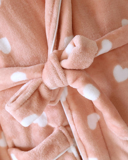 Womens Flannel Robe Cute Heart Print Shawl Collar Sleepwear Fleece Belt Kimono Soft Bathrobe with Pockets