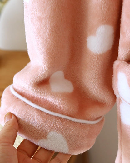 Womens Flannel Robe Cute Heart Print Shawl Collar Sleepwear Fleece Belt Kimono Soft Bathrobe with Pockets