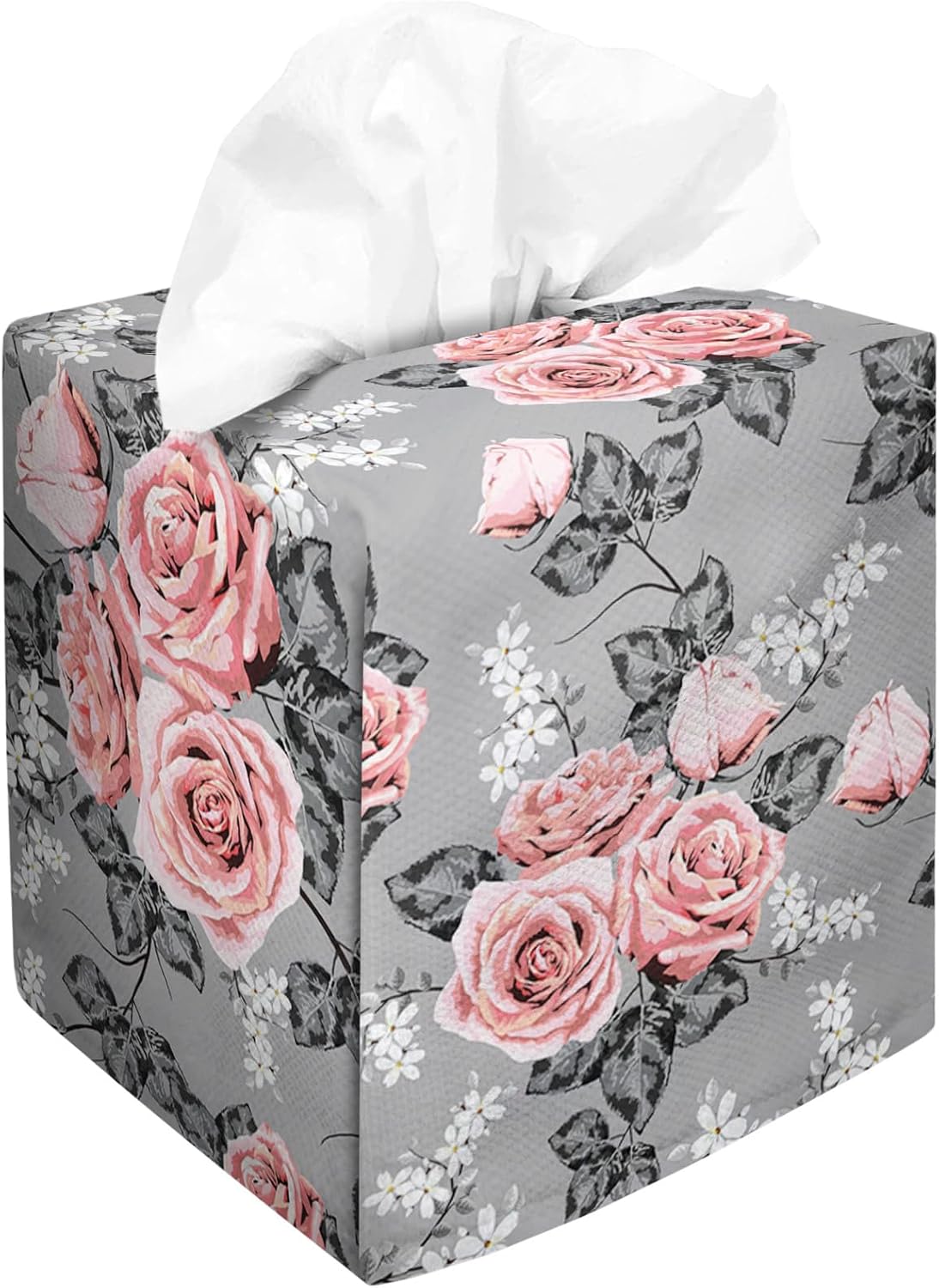 Tissue Box Cover Square Velvet Decorative Tissue Box Holder Cute Funny Cube Tissue Case Cover-Gray Pink Rose Tissue Box Cover