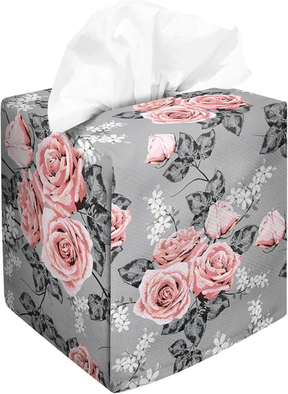 Tissue Box Cover Square Velvet Decorative Tissue Box Holder Cute Funny Cube Tissue Case Cover-Gray Pink Rose Tissue Box Cover