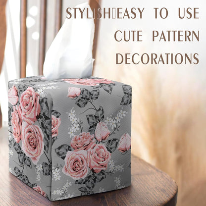 Tissue Box Cover Square Velvet Decorative Tissue Box Holder Cute Funny Cube Tissue Case Cover-Gray Pink Rose Tissue Box Cover