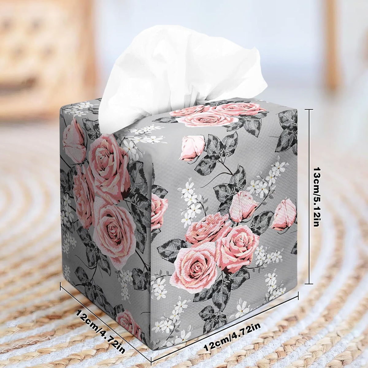 Tissue Box Cover Square Velvet Decorative Tissue Box Holder Cute Funny Cube Tissue Case Cover-Gray Pink Rose Tissue Box Cover