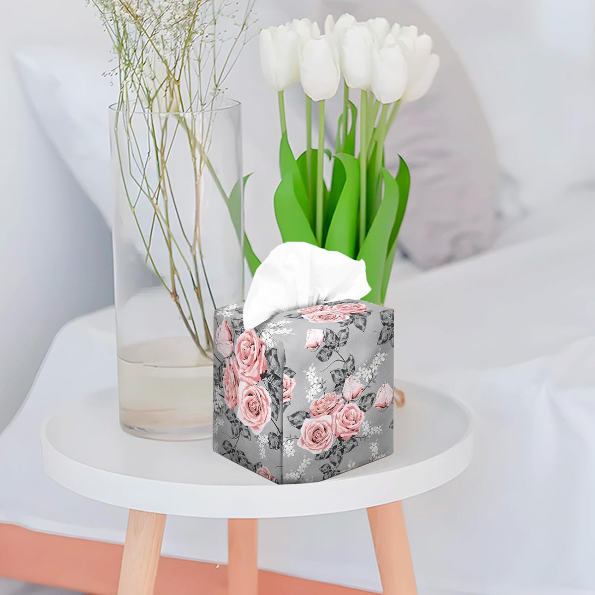 Tissue Box Cover Square Velvet Decorative Tissue Box Holder Cute Funny Cube Tissue Case Cover-Gray Pink Rose Tissue Box Cover