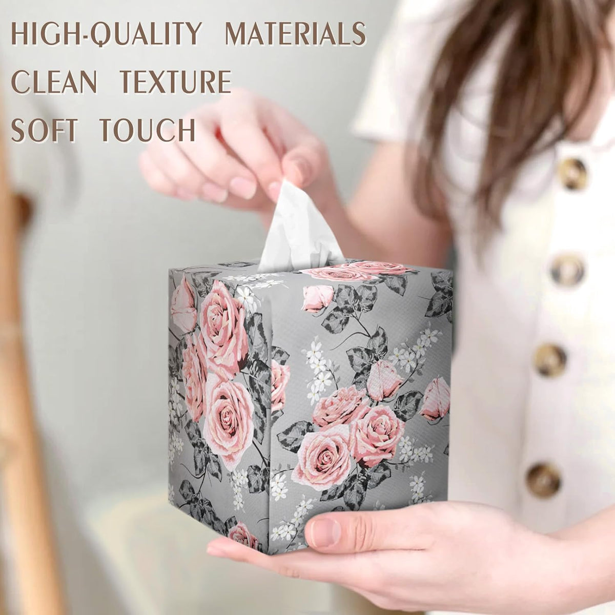 Tissue Box Cover Square Velvet Decorative Tissue Box Holder Cute Funny Cube Tissue Case Cover-Gray Pink Rose Tissue Box Cover