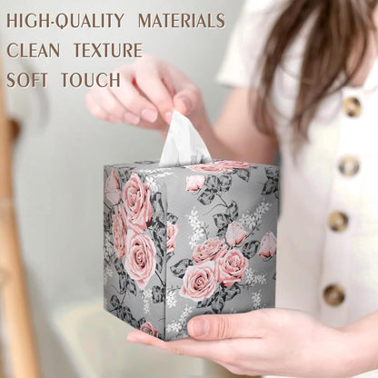 Tissue Box Cover Square Velvet Decorative Tissue Box Holder Cute Funny Cube Tissue Case Cover-Gray Pink Rose Tissue Box Cover