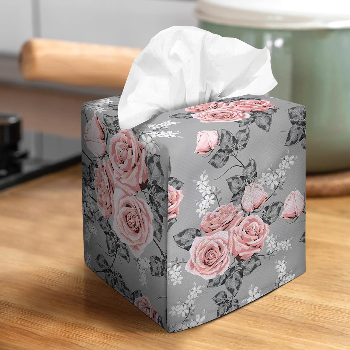 Tissue Box Cover Square Velvet Decorative Tissue Box Holder Cute Funny Cube Tissue Case Cover-Gray Pink Rose Tissue Box Cover
