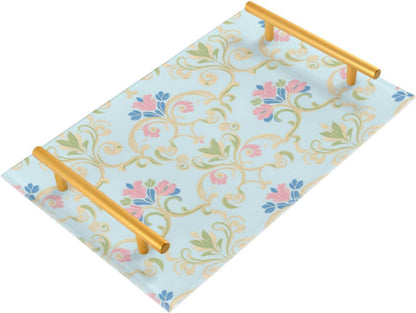 Retro Paisley Flower Pink Blue Gold Decorative Meal Trays with Handles Food Trays for Eating for Jewelry Perfume for Decorative Food bandejas para servir con asas