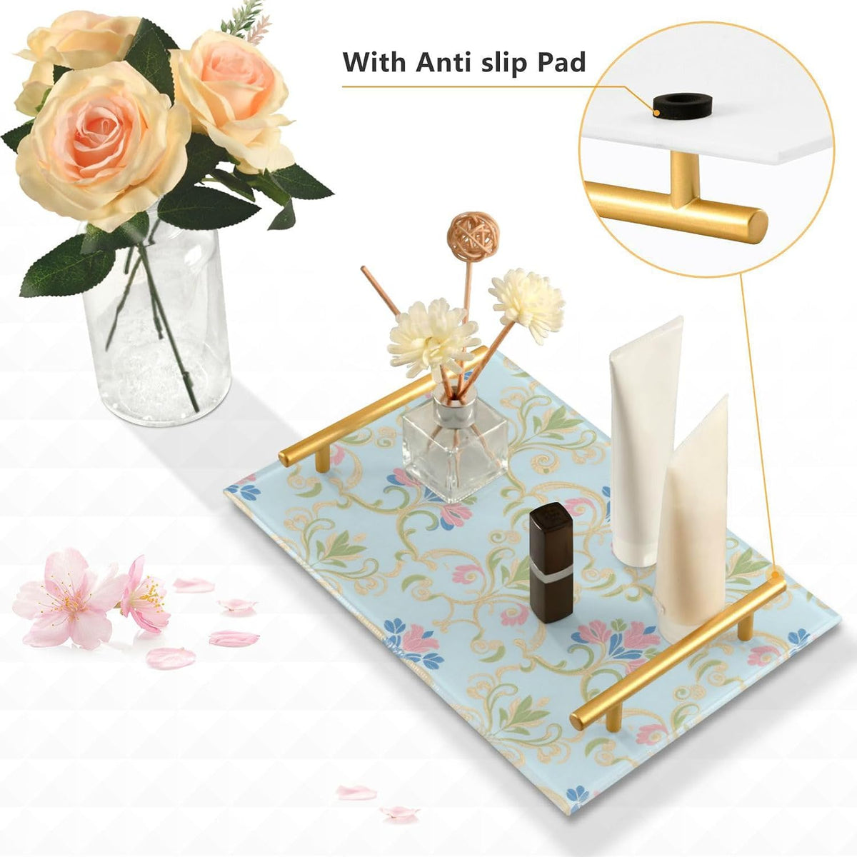 Retro Paisley Flower Pink Blue Gold Decorative Meal Trays with Handles Food Trays for Eating for Jewelry Perfume for Decorative Food bandejas para servir con asas