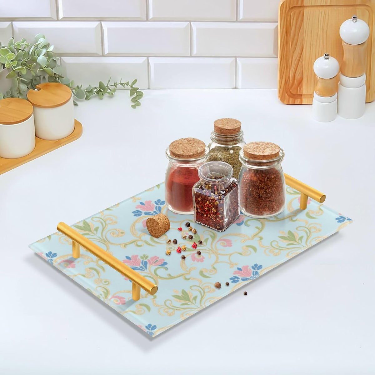 Retro Paisley Flower Pink Blue Gold Decorative Meal Trays with Handles Food Trays for Eating for Jewelry Perfume for Decorative Food bandejas para servir con asas