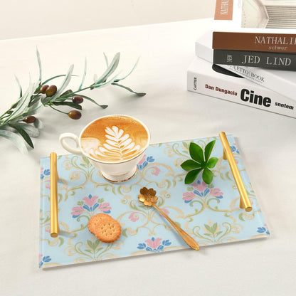 Retro Paisley Flower Pink Blue Gold Decorative Meal Trays with Handles Food Trays for Eating for Jewelry Perfume for Decorative Food bandejas para servir con asas
