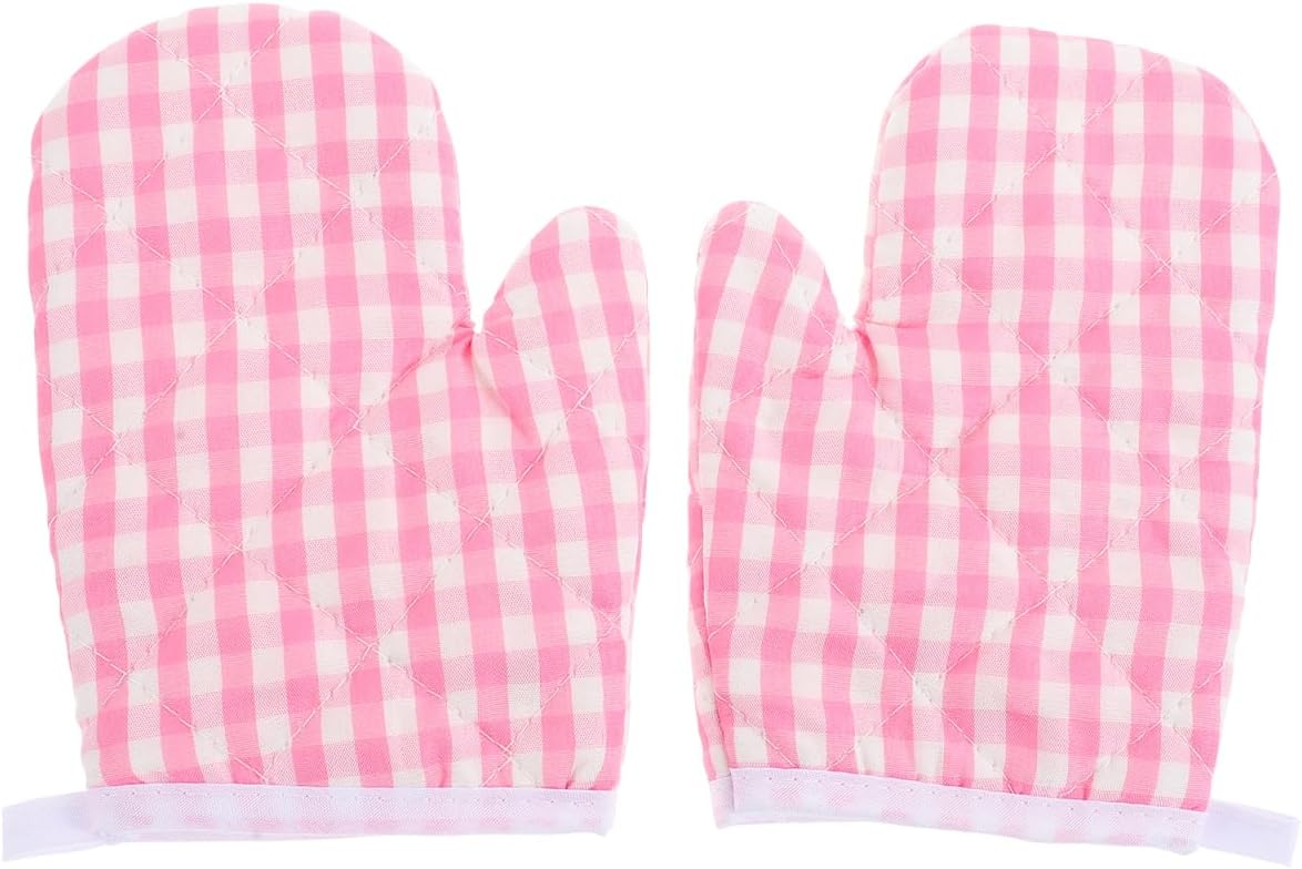 2 Pcs Kids Oven Mitts - Pink Checkered Play Kitchen Heat Resistant Baking Gloves for Toddlers Microwave Mini Cooking Mittens for Small Hands Girls Boys BBQ Grilling 17 x 12 Cm