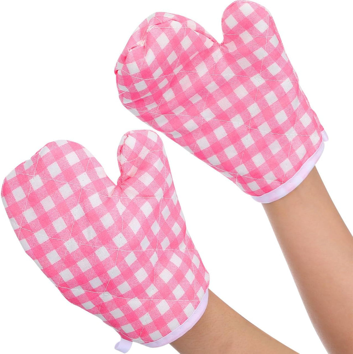 2 Pcs Kids Oven Mitts - Pink Checkered Play Kitchen Heat Resistant Baking Gloves for Toddlers Microwave Mini Cooking Mittens for Small Hands Girls Boys BBQ Grilling 17 x 12 Cm