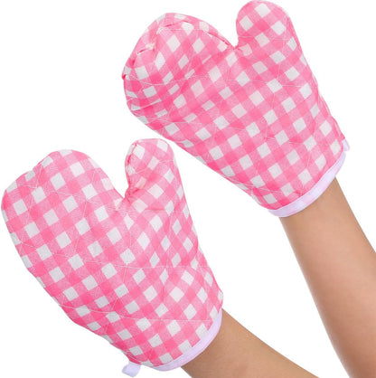 2 Pcs Kids Oven Mitts - Pink Checkered Play Kitchen Heat Resistant Baking Gloves for Toddlers Microwave Mini Cooking Mittens for Small Hands Girls Boys BBQ Grilling 17 x 12 Cm