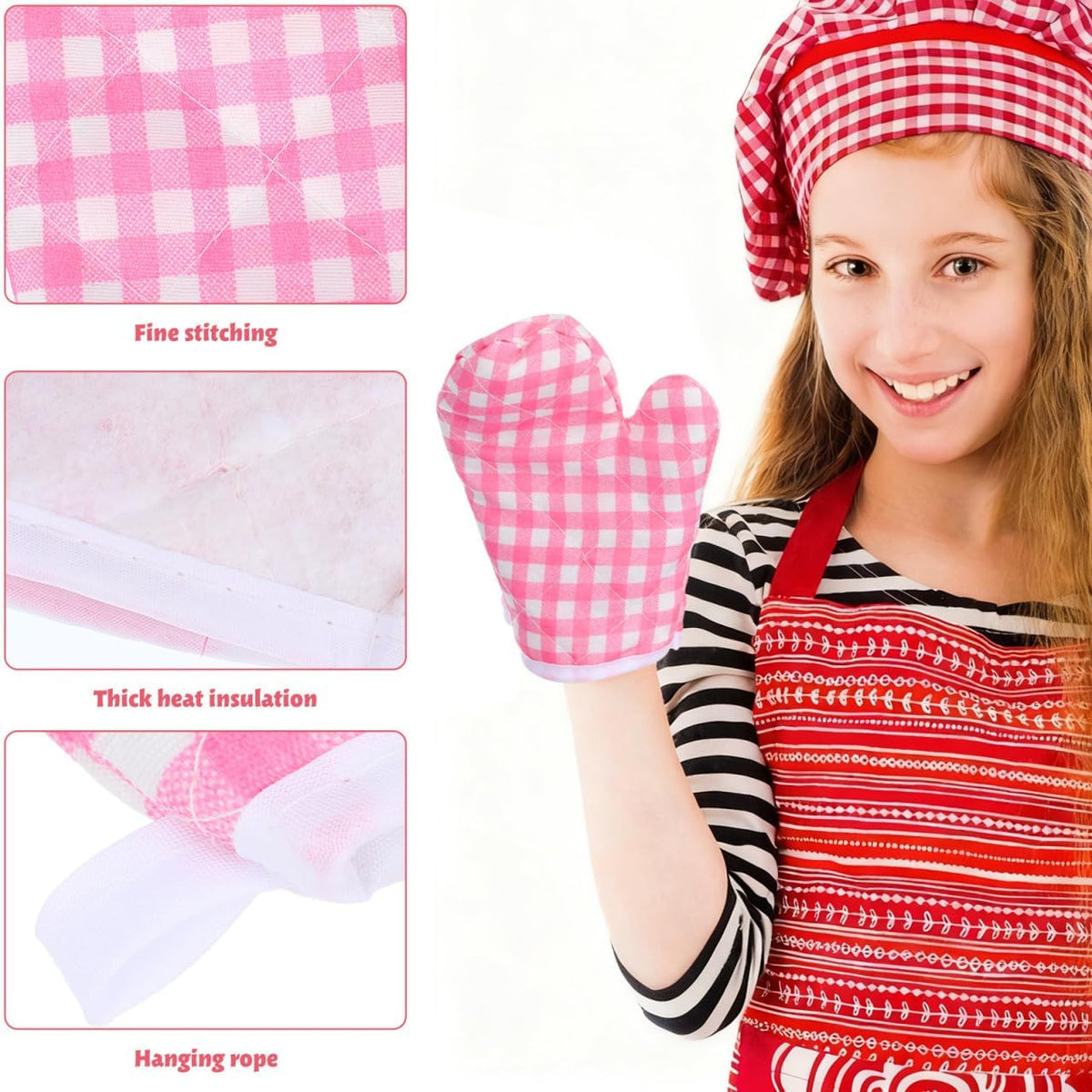 2 Pcs Kids Oven Mitts - Pink Checkered Play Kitchen Heat Resistant Baking Gloves for Toddlers Microwave Mini Cooking Mittens for Small Hands Girls Boys BBQ Grilling 17 x 12 Cm
